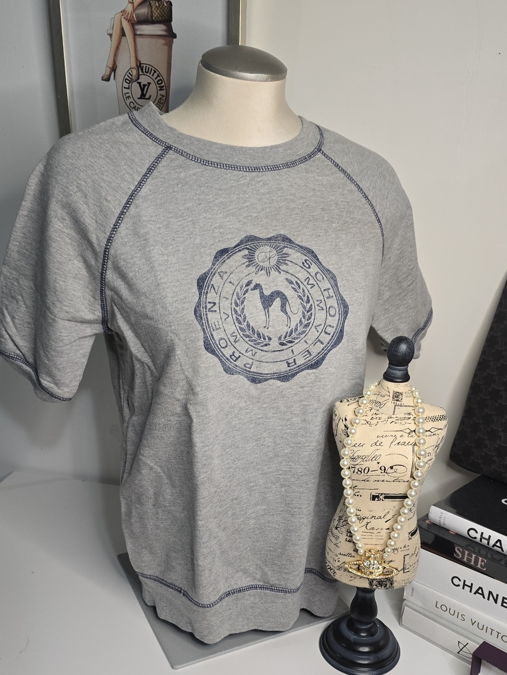 Proenza Schouler for Target Heather Gray Short-Sleeve Sweatshirt with Navy Crest